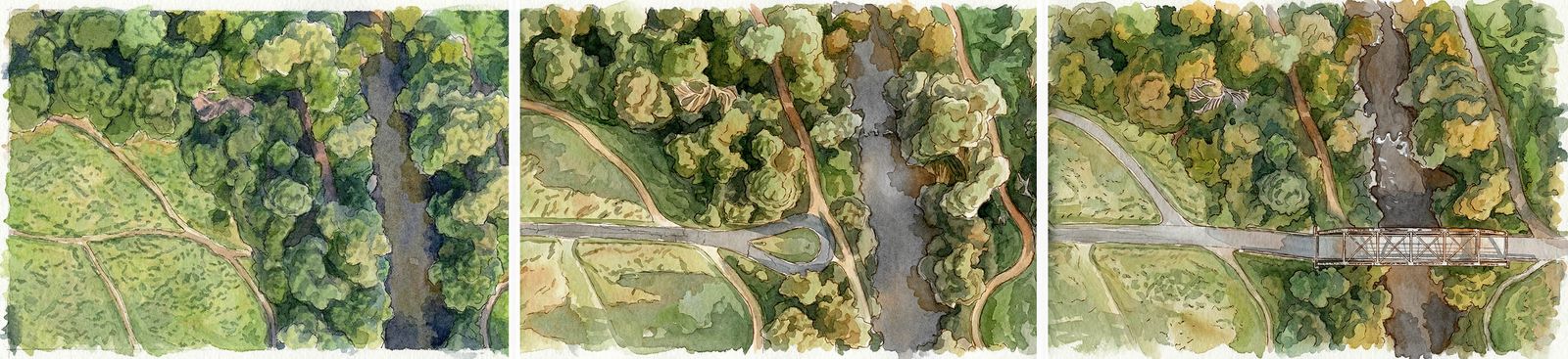 Three watercolour panels: a ravine with no crossing, a path stopping at the water, and then a bridge